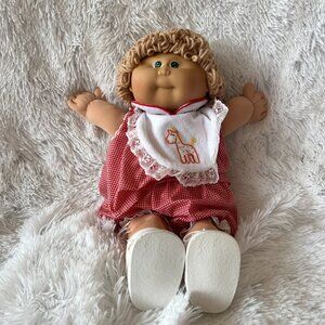 VINTAGE Cabbage Patch Doll Red Gingham Loop Hair Bib Shoes 1982